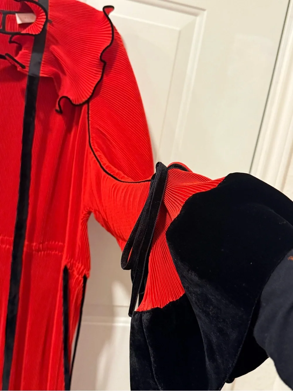 Tory Burch Red and Black Long Sleeve Pleated Ruffle Midi Dress
